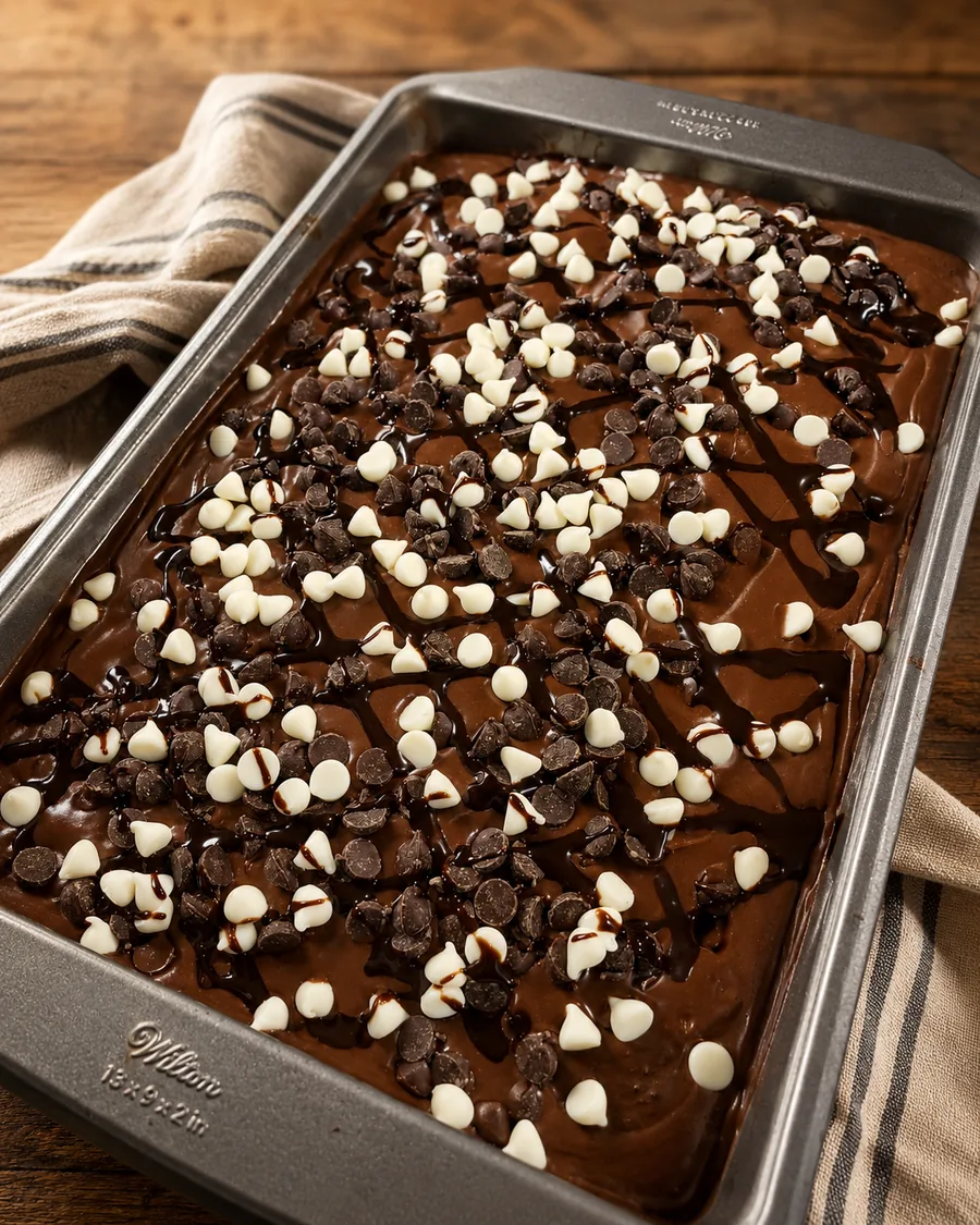 A homemade chocolate sheet cake topped with dark and white chocolate chips.