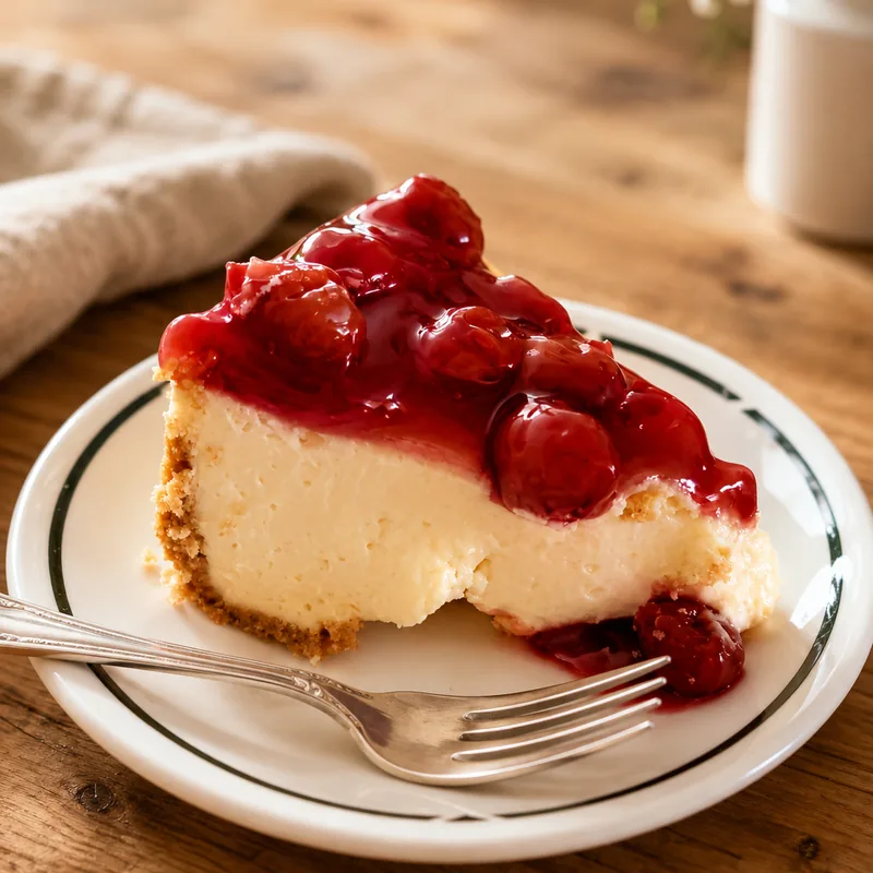 A slice of homemade cheesecake topped with cherries, on a plate.