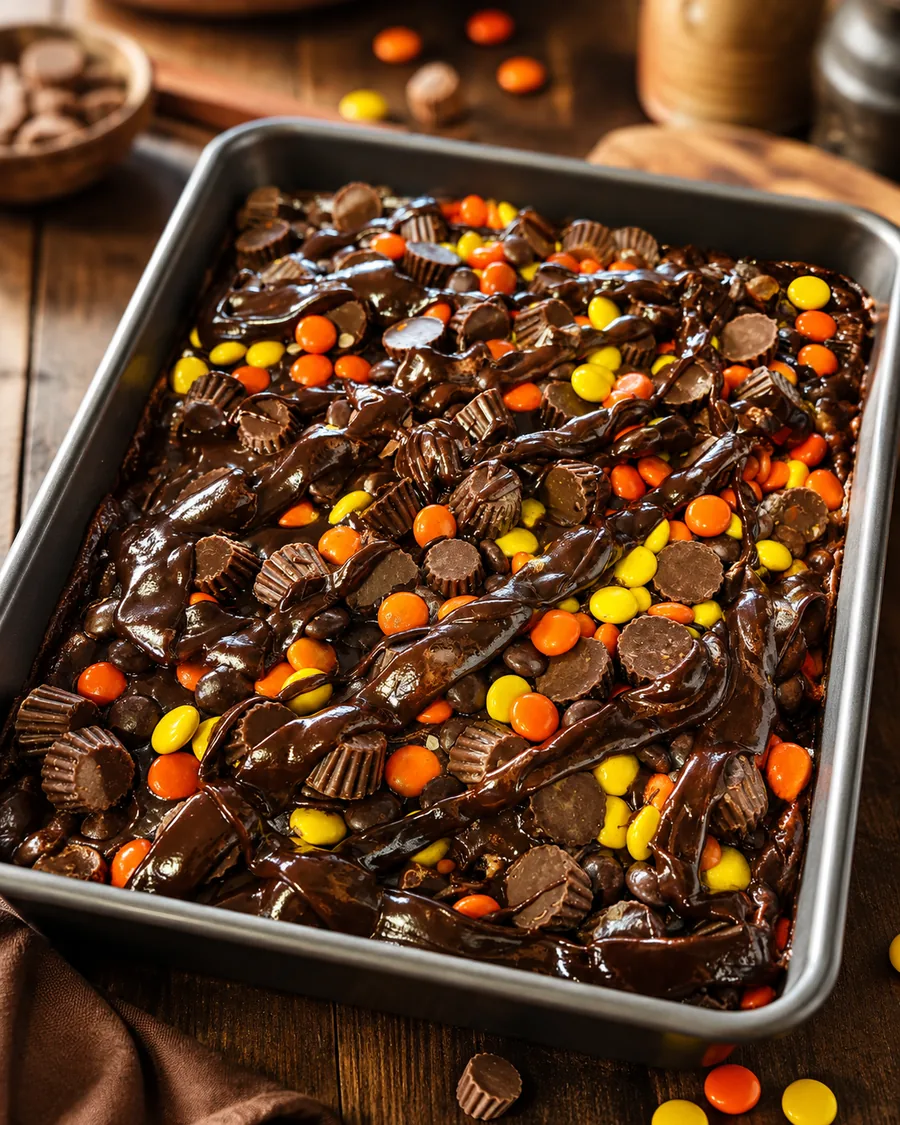 A homemade chocolate sheet cake in its baking pan, covered in fudge and peanut butter cups.