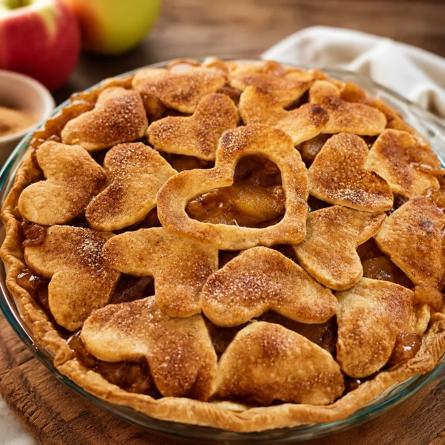 A homemade apple pie with a pastry crust cut into hearts.